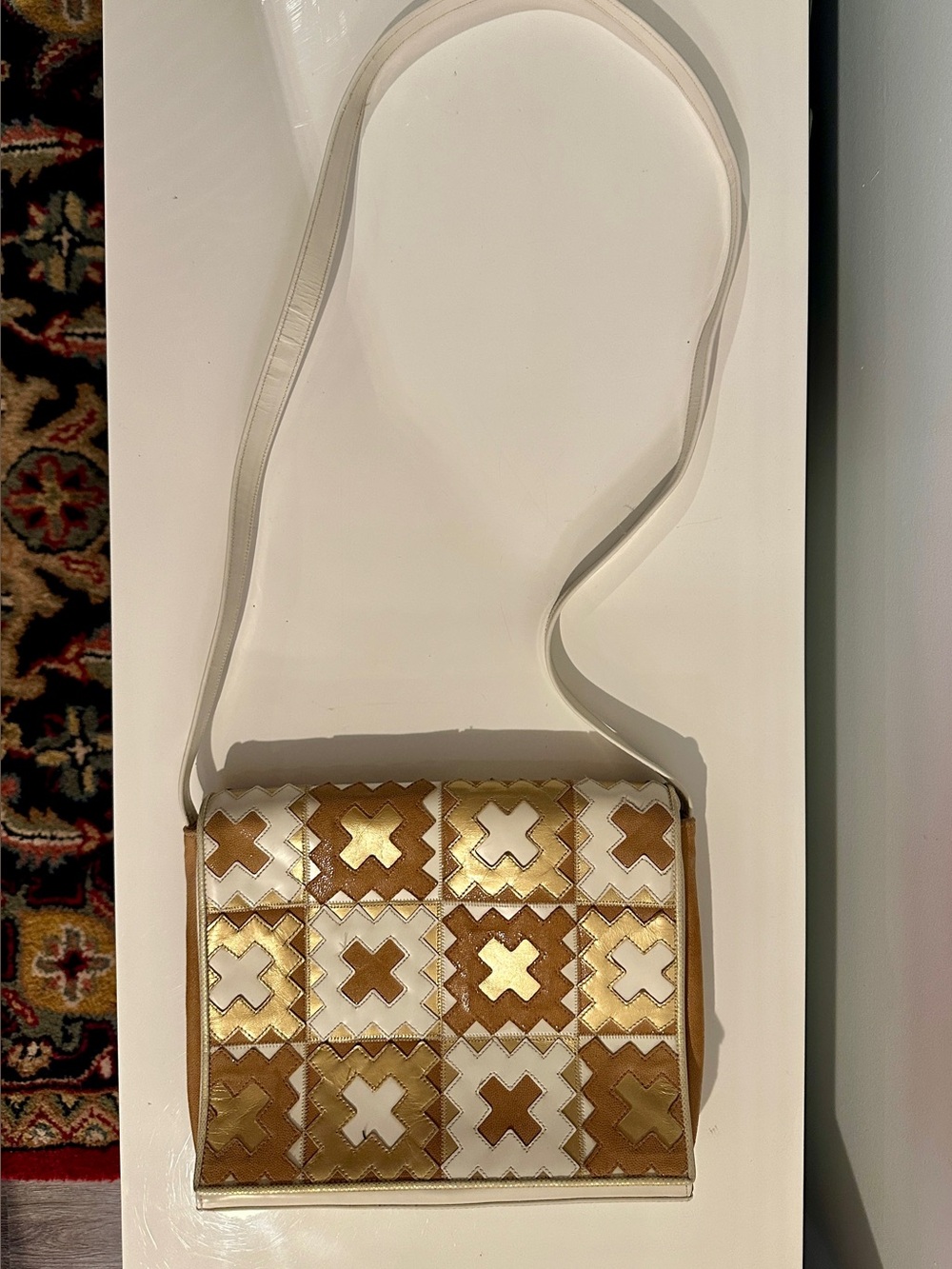 Vintage 80s Sharif USA Leather Patchwork Crossbody Gold Cream